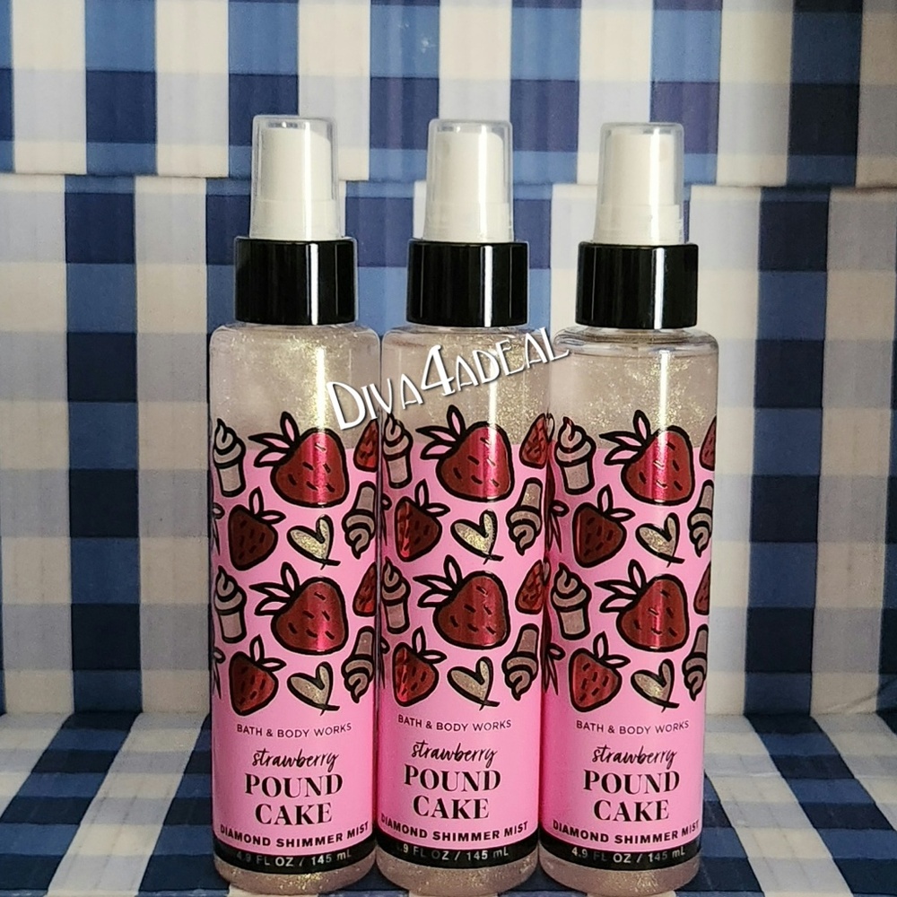 3x Bath & Body Works STRAWBERRY POUND CAKE Shimmer Mist Spray Collection Bundl